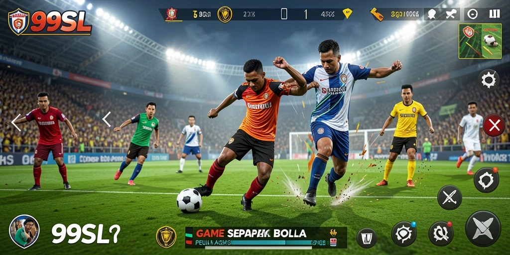 Screenshot gameplay 99SL menampilkan aksi sepak bola yang mendebarkan.