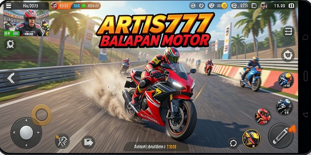 Screenshot gameplay ARTIS777 menunjukkan aksi balapan motor yang mendebarkan.