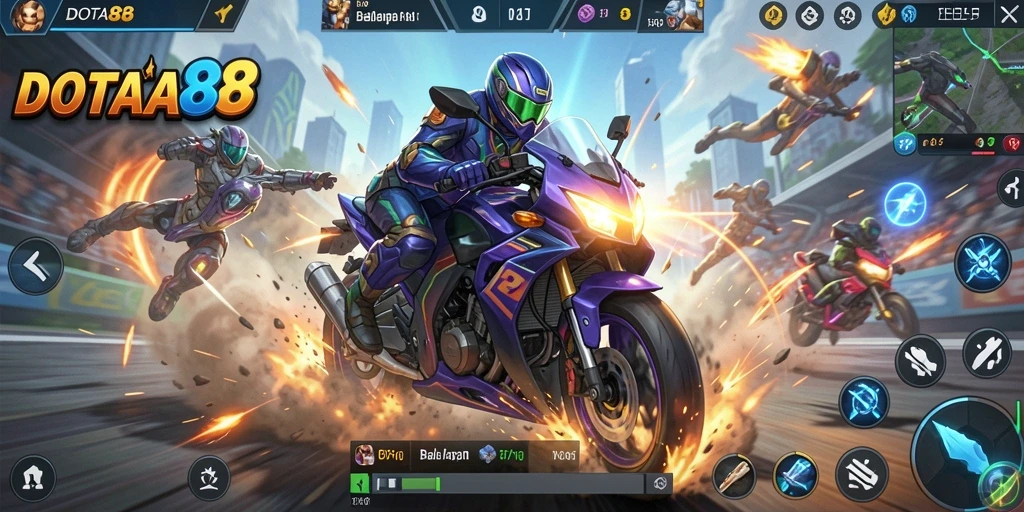 Gameplay intens DOTA88 yang menghadirkan balapan motor seru.