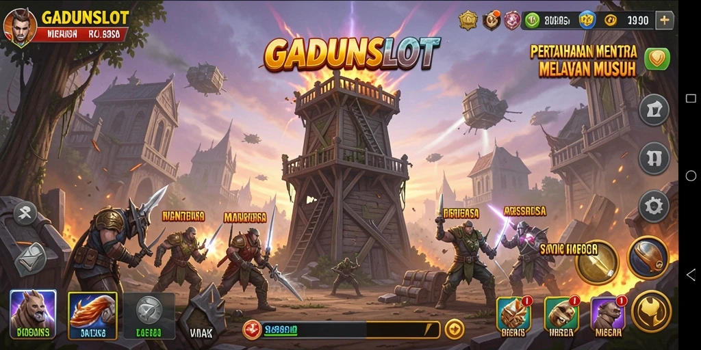 Tampilan utama gameplay GADUNSLOT menampilkan menara dan musuh yang menyerang.